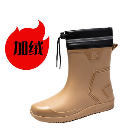 Rain Boots Men's Mid-Calf Water Shoes Waterproof Mouth Drawstring Rubber Shoes Kitchen Takeaway Rider Overshoes Fleece-Lined Warm Rain Boots
