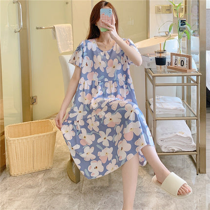 Cotton Silk Nightgown for Women, Summer Thin Short-Sleeved Printed Large Size Nightgown, Pregnant Women Can Wear It Outside, Cool Rayon Home Clothes