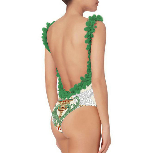 2024 European and American Amazon AliExpress one-piece swimsuit green applique backless sexy swimsuit suit women