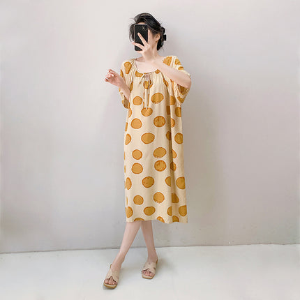 2026 New Cotton Silk Nightgown for Women, High-End Printed Short-Sleeved Long Dress, Large Size, Thin Style, Can Be Worn Outside as Loungewear