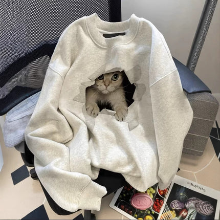 Lazy Style Cat Casual Long-sleeved fleece-lined Sweat Women's Autumn and Winter Loose Design Niche Couple's Crewneck Top