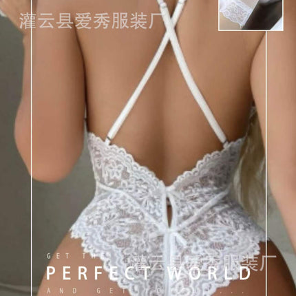 New European and American plus size sexy underwear perspective sexy lace open crotch halter bow conjoined underwear