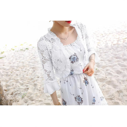 Matching Beach Dress Small Shawl Jacket Short Summer Trumpet Sleeve Thin Chiffon Stitching Lace Fairy Small Cardigan