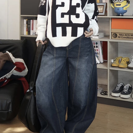 Strawberry Bear Classmate American Retro Dark Blue Letter Print Jeans Scimitar Wide-Leg Floor-Length Pants for Women
