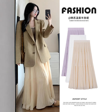 Korean Style 2026 Spring and Summer New Fashion Elegant Skirt Versatile High-Waisted Autumn and Winter Pleated Loose Large Hem Long Skirt