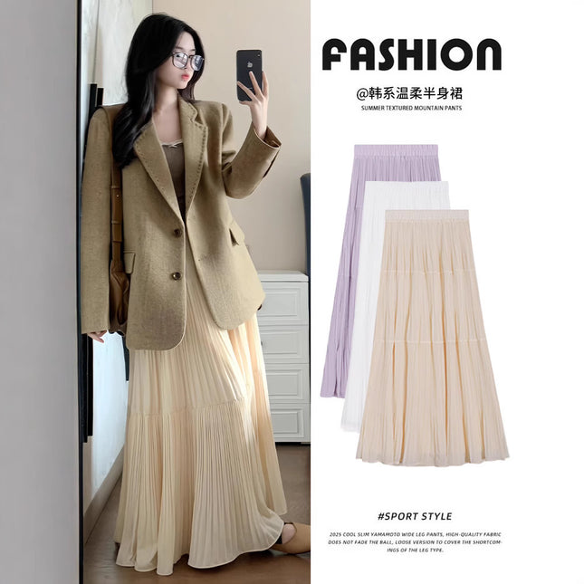 Korean Style 2026 Spring and Summer New Fashion Elegant Skirt Versatile High-Waisted Autumn and Winter Pleated Loose Large Hem Long Skirt