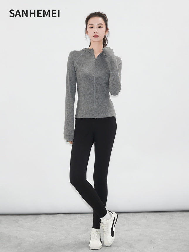 Spring Women's Jacket Figure Long Sleeve Zipper Hooded Elastic Slim-Fit Sweatshirt Sports New Fitness Yoga Clothes