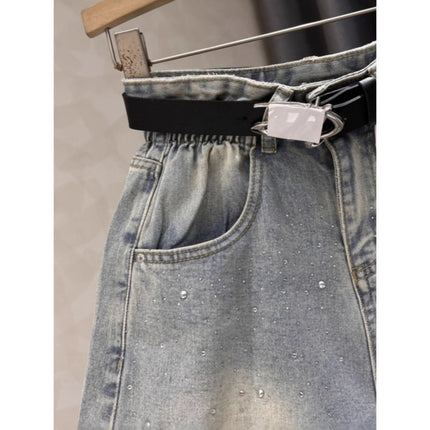 Black Grey Denim Shorts Women's Summer New Western Style Hot Drilling Slim Retro High Waist Curled Wide Leg Pants Hot Trendy Pants