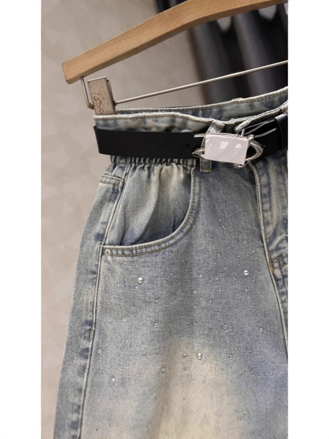 Black Grey Denim Shorts Women's Summer New Western Style Hot Drilling Slim Retro High Waist Curled Wide Leg Pants Hot Trendy Pants