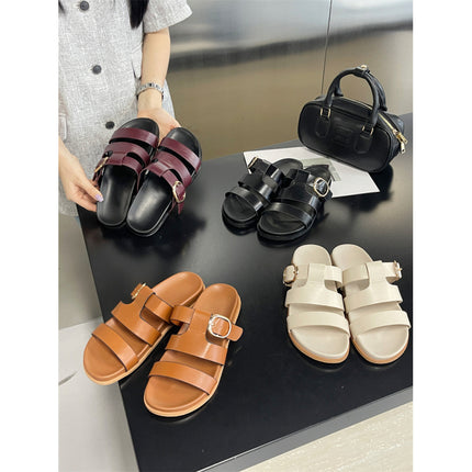 2025 Summer European and American New Fashion Flat Slippers Casual Open Toe Plaid Niche Women's Shoes