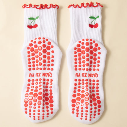 Yoga socks ladies mid-tube socks dispensing non-slip agaric lace cherry embroidery professional training running Pilates