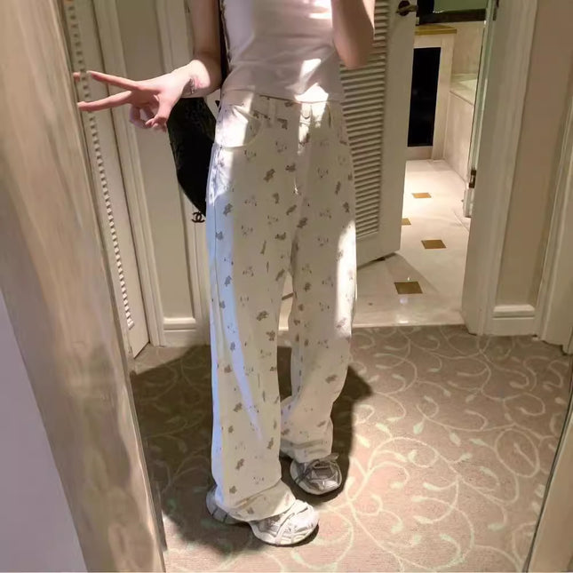 Beige Bear Printed Jeans Women's American-style Printed plus size High-waisted Slim-fit Loose Micro-elastic Straight-leg Wide-leg Pants