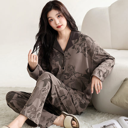 Pure Cotton Pajamas Women's Spring and Autumn Women's Casual Long-sleeved Trousers Home Clothes Women's Autumn Lapel Home suit Green