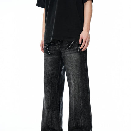 11KN American Retro High Street Lightning Crack Washed Jeans Old Cat Whiskers Loose Micro-pants Jeans