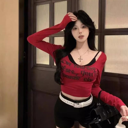 Pure Desire HoT Girl Red Square Neck Long Sleeve T-shirT Women's Spring Sexy Slim ShorT LeTTer PrinT Top BoTToming ShirT