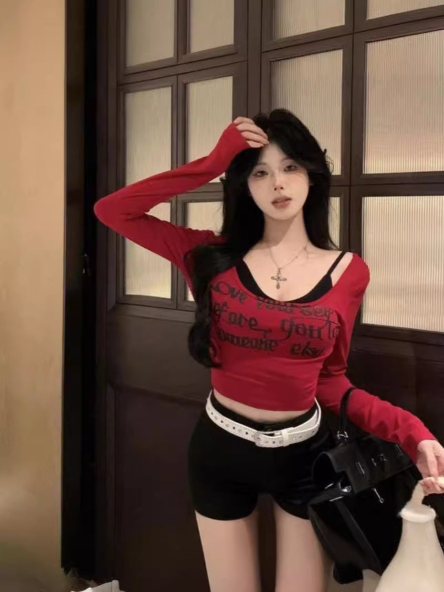 Pure Desire HoT Girl Red Square Neck Long Sleeve T-shirT Women's Spring Sexy Slim ShorT LeTTer PrinT Top BoTToming ShirT