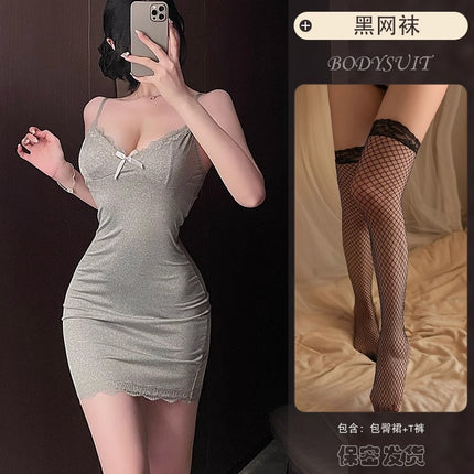 Sexy Lace Hip-Hugging Skirt, Hot Girl, Royal Sister, Fun Suspender Skirt, Pure Lust Style, Sexy Temptation Pajamas with Breast Pads Qqny