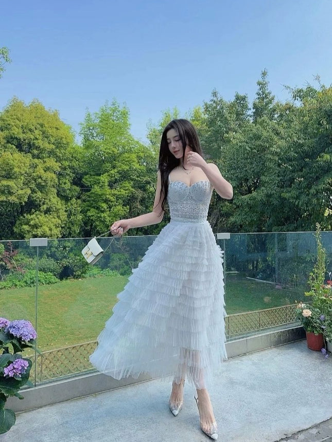 Socialite Sexy bling Lace Tube Top Beaded Sling Short Off-the-Waist Vest Tousled Long Skirt Cake Skirt suit
