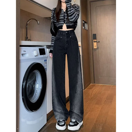 plus size Black Grey Wide Leg Jeans Women's Trendy All-match Stitching Contrast Color High Waist Dosing Narrow Straight Long Pants