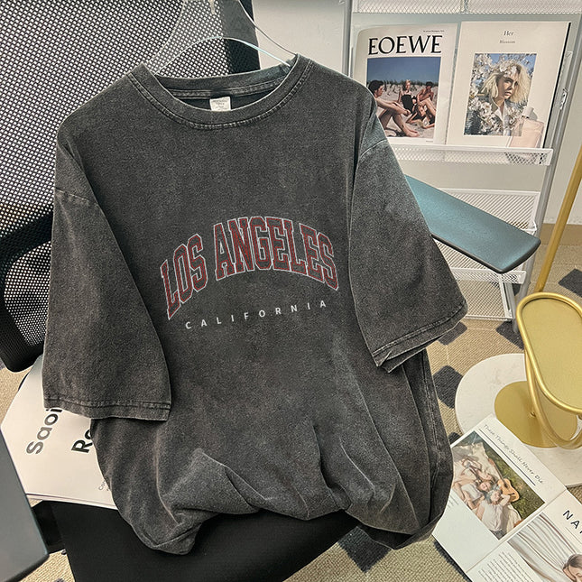 Washed Distressed T-Shirt Short-Sleeved Tops Trendyy Washed Retro Black Pure Cotton Dark American Loose Men's and Women's Clothing