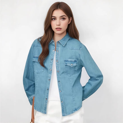 Vintage Green Denim Shirt for Women, Spring 2026, Stretchy Base Layer Top, Casual Versatile Layering Jacket