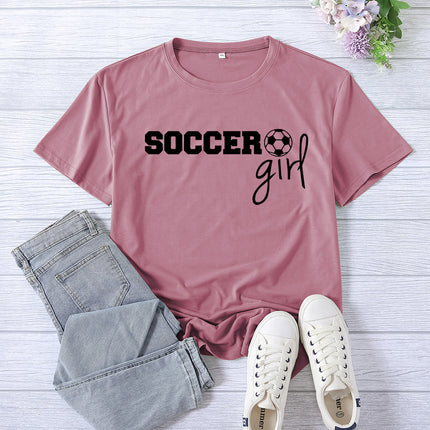 Amazon cross-border foreign trade soccer girl printed women's round neck top T-shirt summer casual European size plus size