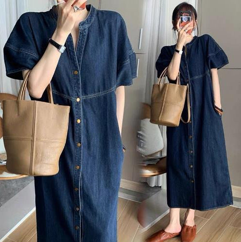 New French retro casual Denim dress women's summer pear-shaped figure slimming elegant western style skirt