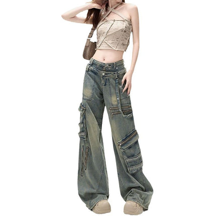 American Style Hot Girl Retro Heavy Industry Design Sense Heavy Industry Multi-Pocket Denim Overalls Women's Autumn and Winter Loose Mop Pants