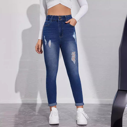 European and American Spring and Summer New Jeans High Elastic Washed High Waist Ripped Brushed Casual Pants Cross-Border Jeans for Women