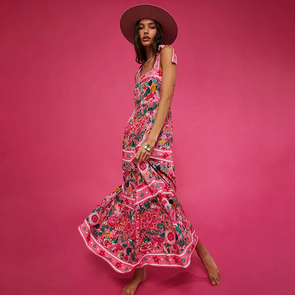 2024 European and American Swimwear Bow Tie Resort Style Floral One-Piece Swimsuit Suit Women's Cross-Border Hot Style 25231