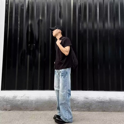 American Retro Crackle Design Washed Light Blue Jeans Men's Casual Loose Versatile Stylish Straight Pants