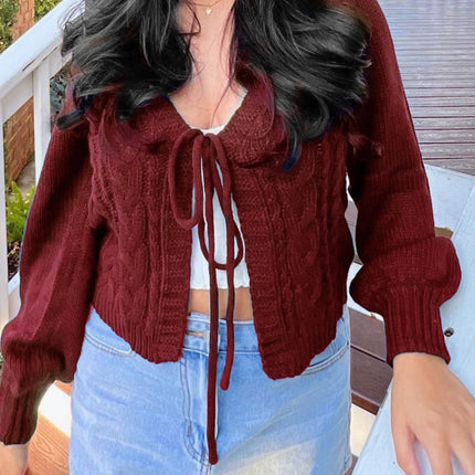 European and American Style Pure Color V Neck Twist Knitted Cardigan Short Lace-Up Lantern Sleeve Sweet and Cool Retro Cross-Border Women's Sweater
