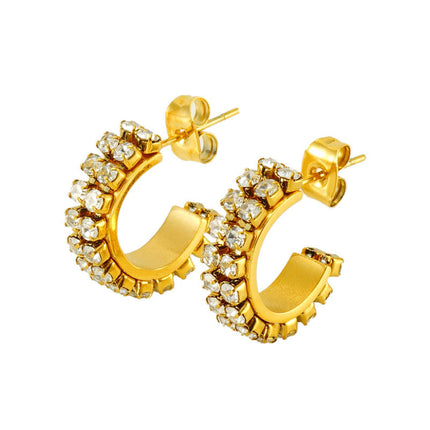 Cross-border new stainless steel C- shaped diamond earrings women's European and American Joker titanium steel 18K texture earrings in stock wholesale