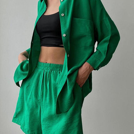 2024 spring European and American new solid color single-breasted long sleeve shirt loose fashion casual shorts suit in stock