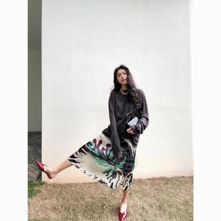 Skirt Retro 2024 New Skirt Women's Niche Design Print Slimming Tassel Pleated Pleated Skirt