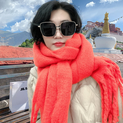 Mohair cold-proof brushed thickened Korean style solid color scarf scarf women's autumn and winter neck protection warm big tassel New