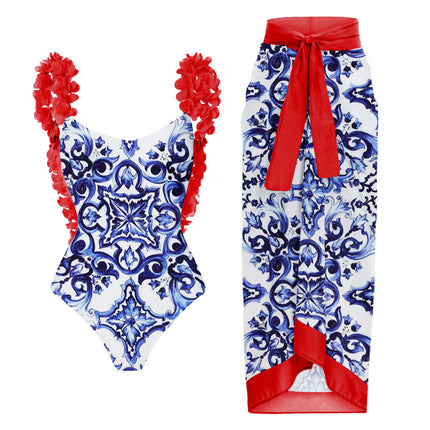 2024 European and American Amazon AliExpress one-piece swimsuit backless applique blue and white porcelain printed swimsuit suit women's 2366
