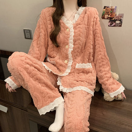 Pajamas for Women Winter New Style Coral Velvet Fleece-Lined Thickeneded Student Warm Lace Princess Style Home Wear Set
