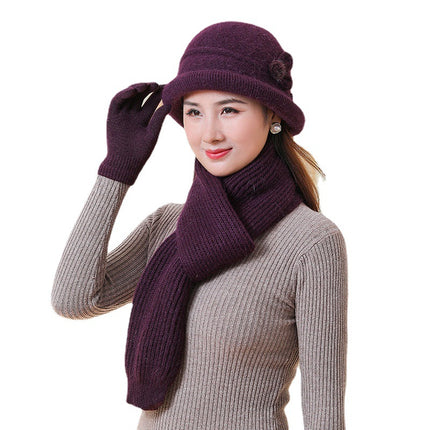Velvet Warm Knitted Rabbit Fur Hat for Women Autumn and Winter Cold-Proof Gloves Scarf Basin Hat K-Style Trendy Middle-Aged and Elderly People