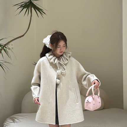 Autumn and Winter New Double-Sided Cashmere Outwear for Women, Small Hooded Drawstring Fur Ball Classy Double-Sided Wool Outwear for Women