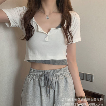 92 Rayon 8 Spandex Summer New Hot Girl Fake Two-Piece Short-Sleeved T-Shirt Women's Niche Slim Bm Short Crop Top