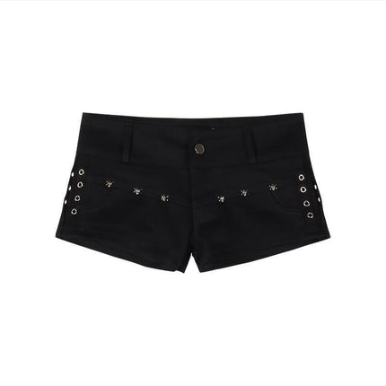 Hot Girl Black Elastic Low-Waist Denim Super Shorts Women's Summer Design Rivet Slimming Hip-Hugging Hot Pants