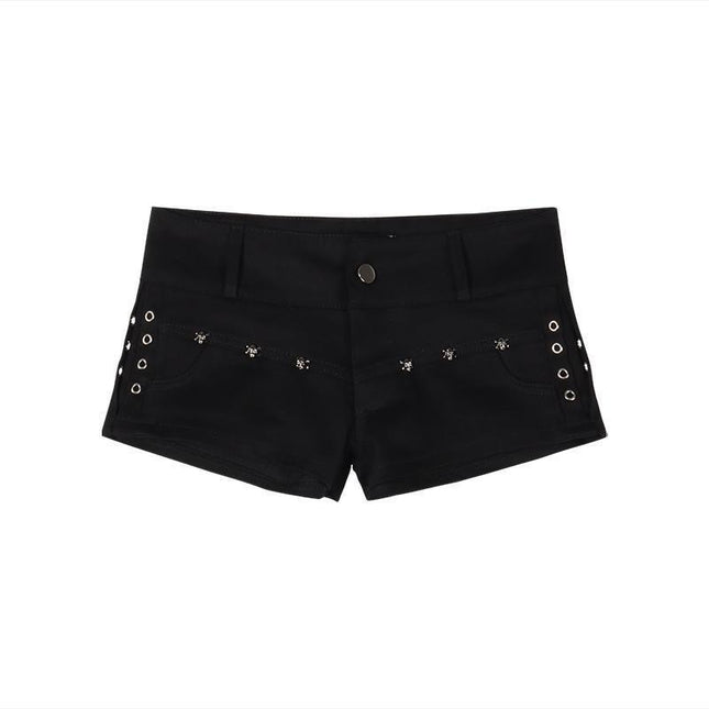 Hot Girl Black Elastic Low-Waist Denim Super Shorts Women's Summer Design Rivet Slimming Hip-Hugging Hot Pants