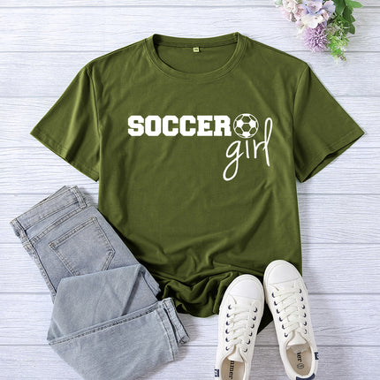 Amazon cross-border foreign trade soccer girl printed women's round neck top T-shirt summer casual European size plus size