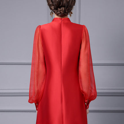 Zhili New Chinese Style Red Festive A-Line Dress 2026 Spring New Model Tummy-Concealing Long Sleeve Dress for Important Occasions