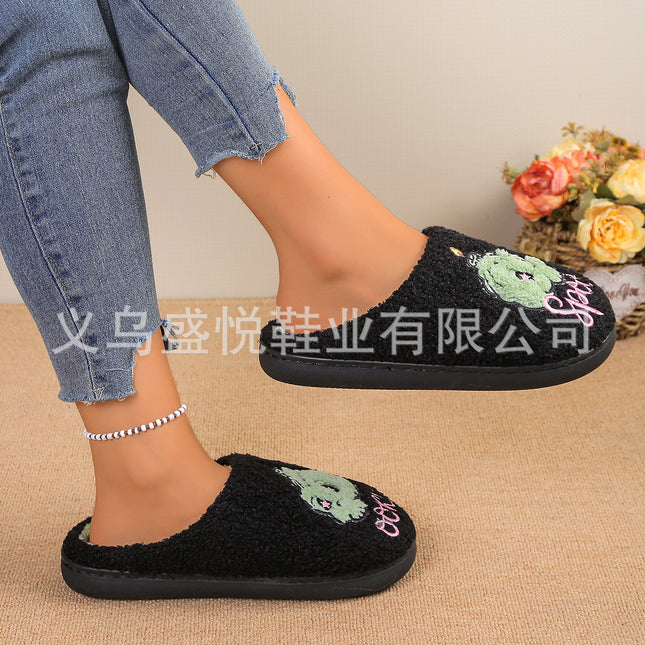 Cross-Border Halloween Embroidered Pattern Green Skull Home Comfortable Warm Cotton Slippers for Winter Couples