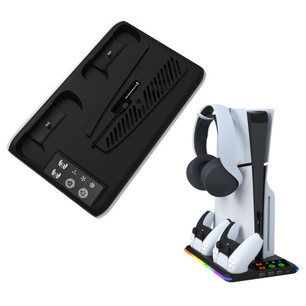 Suitable for Ps5 Slim Multifunctional Cooling Base with Rgb Light, Ps5 Charging Base, Dual Controller Charging with Hook