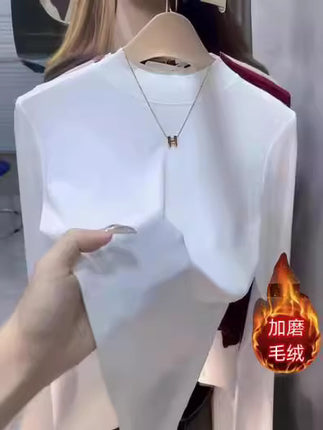 2025 Autumn and Winter New Style Plus Brushed Inner Small Stand-Up Collar Pure Color Simple Versatile Slimming Look Half Turtleneck Bottoming T-Shirt for Women