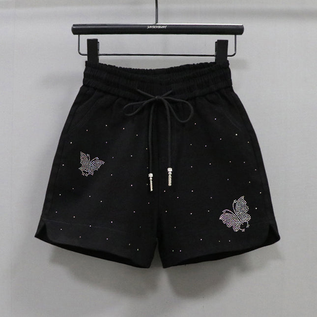 Elastic Waist Shorts Women's Hot Drilling Candy Color Butterfly Denim Wide Leg Pants New Korean Style Slim Look Elastic All-match Hot Pants