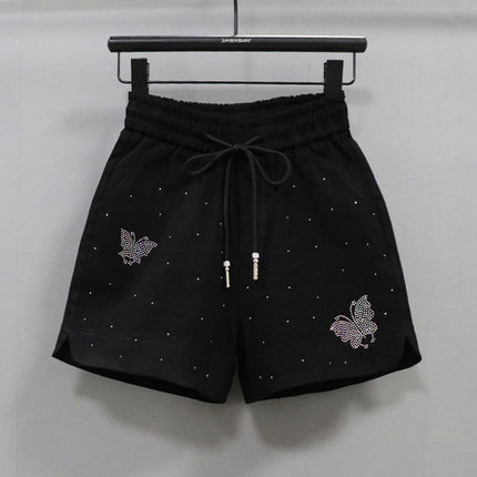 Elastic Waist Shorts Women's Hot Drilling Candy Color Butterfly Denim Wide Leg Pants New Korean Style Slim Look Elastic All-match Hot Pants